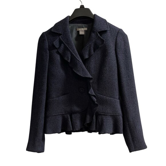 Ann Taylor Jackets & Blazers - Ann Taylor Blazer Women 2 Navy Blue Boucel Knit Ruffle Suit Jacket Office Career